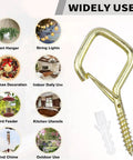 Heavy Duty Eye Screw Hooks 35 Piece Set With Safety Buckle Gold for hanging plants, lights, wind chimes, bird feeders, cups
