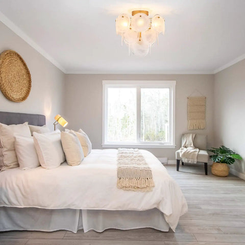 Modern Flush Mount Glass Ceiling Light In Gold Finish, 4 Light Vintage Chandelier illuminating a cozy coastal farmhouse bedroom