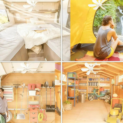 Kick Serious Summer Swelter With This Travel Foldable Ceiling Fan For Cruise Cabins And Campers installed in a cozy camper and tent.