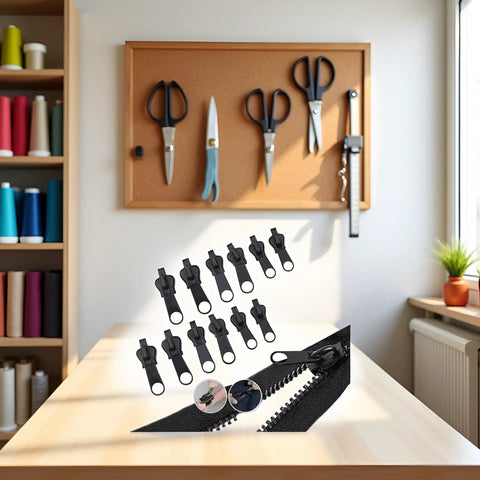 12 Pack Black Zipper Pulls Replacement Kit Universal Zip Slider Teeth Zippers Quick Fix For Jackets And Garments Durable Rust Proof Easy Install displayed on sewing table in craft room.