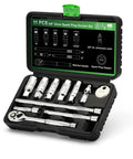 All In One 11 Piece Spark Plug Socket Set With Three Eighth Inch Drive Ratchet Gapper Universal Joint And Three, Six, Ten Inch Extensions Sizes Five Eighths Three Quarters Thirteen Sixteenths Fourteen And Eighteen Millimeter Six Point Sockets With Rubber in open case view