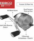Close-up of Zebco 33 Platinum spincast reel showing all-metal gears, dual ceramic pins, instant anti-reverse, and 5 bearings.