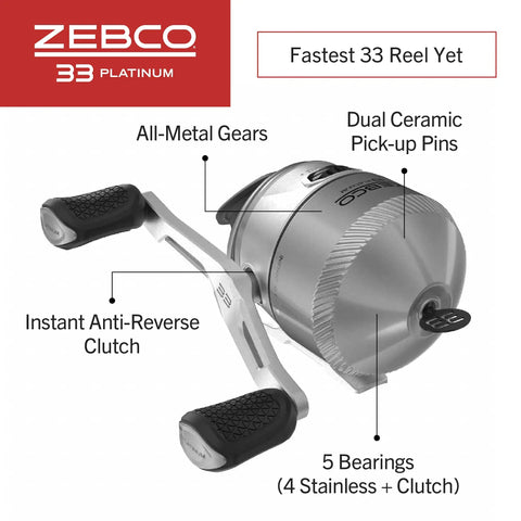 Close-up of Zebco 33 Platinum spincast reel showing all-metal gears, dual ceramic pins, instant anti-reverse, and 5 bearings.