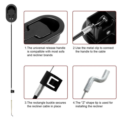 Universal Recliner Pull Handle Replacement Cable Featuring Upgraded Recovery Spring showing handle, cable, and installation details.