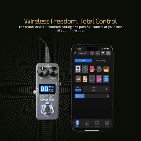 GP-5 Ultra Compact Multi Effects Processor with NAM IR Loader next to smartphone showing app control interface.