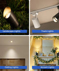 Diverse lighting options including landscape lights, track lights, ceiling lights, and accent lights arranged aesthetically.