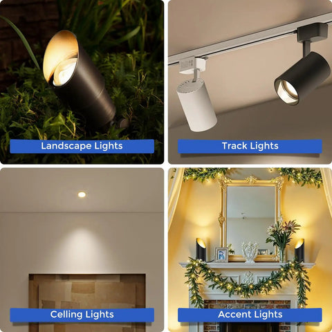 Diverse lighting options including landscape lights, track lights, ceiling lights, and accent lights arranged aesthetically.