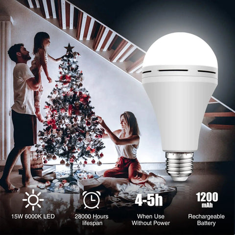 Rechargeable Battery Powered Emergency Light Bulbs 15W 80W Equivalent 6000K Cool White 1500mAh Go To Backup Lamp with family scene
