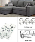 Heavy Duty 6 Piece Sectional Sofa Connectors Pro Grade Metal Couch Fasteners With Anti Slide Interlocking Brackets displayed with gray sectional and illustrations.
