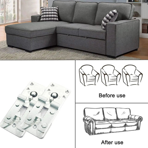 Heavy Duty 6 Piece Sectional Sofa Connectors Pro Grade Metal Couch Fasteners With Anti Slide Interlocking Brackets displayed with gray sectional and illustrations.