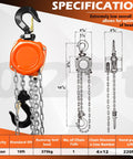 Portable Mini Manual Chain Hoist Quarter Ton 550 Lbs Capacity, 10 Ft Lift, 10.2 Inch Headroom with specifications chart