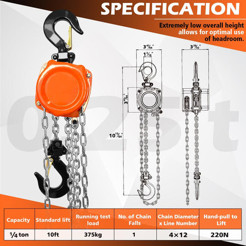 Portable Mini Manual Chain Hoist Quarter Ton 550 Lbs Capacity, 10 Ft Lift, 10.2 Inch Headroom with specifications chart