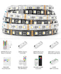 RGBW LED Strip Lights 16.4ft 5m Dope RGB Color Mix With 2700K Warm White 60 LEDs Per Meter 12V DC 12mm Black PCB IP30 Indoor Home Decor Lighting No Controller Or Adapter shown rolled with controller options