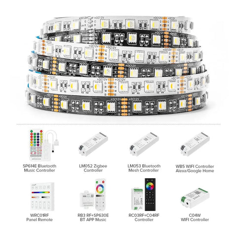 RGBW LED Strip Lights 16.4ft 5m Dope RGB Color Mix With 2700K Warm White 60 LEDs Per Meter 12V DC 12mm Black PCB IP30 Indoor Home Decor Lighting No Controller Or Adapter shown rolled with controller options
