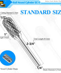 Heavy Duty Pro Grade Tungsten Carbide Burr Rotary File Cylindrical Double Cut With Radius End One Quarter Inch Shank For Die Grinder And Drill Bits Deburring Chamfering Porting Wood And Metalworking, shown in standard size with labeled dimensions