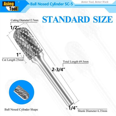 Heavy Duty Pro Grade Tungsten Carbide Burr Rotary File Cylindrical Double Cut With Radius End One Quarter Inch Shank For Die Grinder And Drill Bits Deburring Chamfering Porting Wood And Metalworking, shown in standard size with labeled dimensions