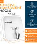 Clear Adhesive Wall Hooks Set Heavy Duty No Drill 22 Lb Capacity Waterproof Transparent Towel Hooks, dimensions and features.