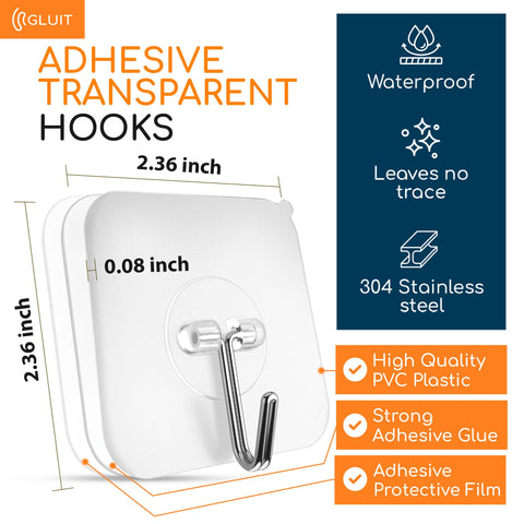 Clear Adhesive Wall Hooks Set Heavy Duty No Drill 22 Lb Capacity Waterproof Transparent Towel Hooks, dimensions and features.