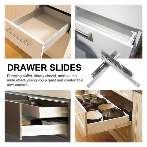 Two Pack Heavy Duty Drawer Slides With Bottom Mounted Concealed Design For Cabinets And Furniture, Beefy Professional Grade Metal Rails For Smooth Quiet Glides, Durable Construction, No Exposed Tracks, shown in kitchen drawers