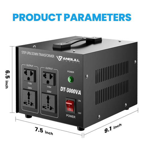 Heavy Duty 3000W Voltage Converter Transformer, Step Up Down 110V to 220V and 220V to 110V with power switch, side view