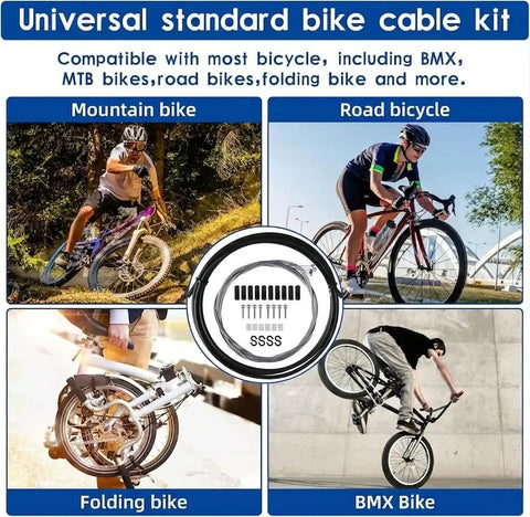 Collage of mountain, road, folding, and BMX bikes with text "Universal standard bike cable kit."