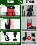 Comparison chart showing FHXZH golf organizer with elastic cord, side club rack, and 3-inch wheels versus other models.