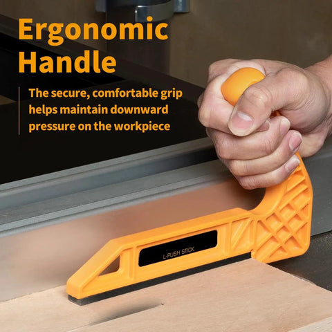 Tandem Featherboard And L Push Stick Safety Kit for table saw shown in use with ergonomic handle, reducing kickback.