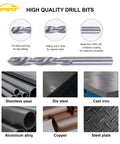 CXPRO drill bits infographic; HSS twist drill with titanium coating, U-flute; shows stainless steel, cast iron