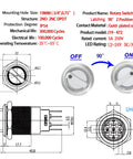 Rock Solid 19mm Three Quarter Inch Stainless Steel Rotary Switch 2NO 2NC DPDT Latching 90 Degree 2 Position With Blue LED Indicator 12V 24V DC AC 8 Pin Wire Socket UL CE Listed