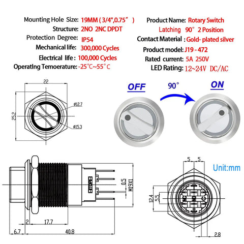 Rock Solid 19mm Three Quarter Inch Stainless Steel Rotary Switch 2NO 2NC DPDT Latching 90 Degree 2 Position With Blue LED Indicator 12V 24V DC AC 8 Pin Wire Socket UL CE Listed