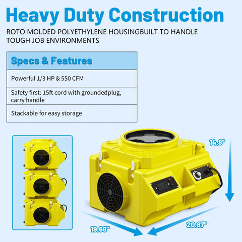 Serious Suction Power With 550 Cfm Hepa Filtration Three Stage Negative Air Machine Commercial Industrial Grade stackable yellow air scrubber