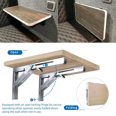 Stainless Steel Table Folding Shelf Bracket With Auto Locking Hinge Wall Mounted Space Saving Mount shown in open and folded positions