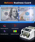Munbyn Imc09 Mixed Denomination Money Counter For USD Eur Cad Mxn Bills With Multi Currency Value Counting And Uv Mg Ir Mt Detectors Including 3 Point Five Inch Tft Display Bright White Finish with dimension and detection technology display.