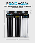 Elite Series 3 Stage Whole House Water Filtration System with gauges and labeled filters, dimensions shown in inches.