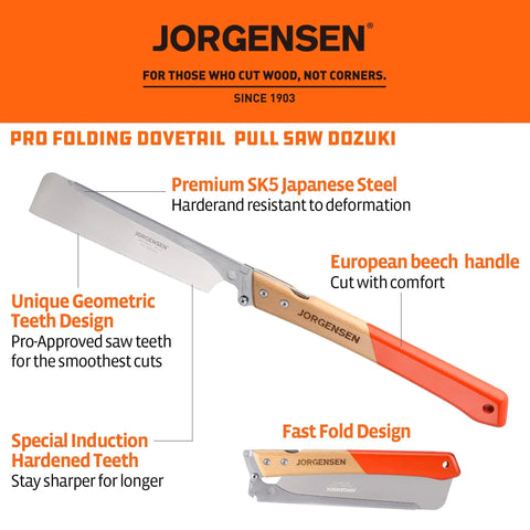 9.5 Inch Folding Dovetail Saw With Beech Wood Handle, Pro Japanese Pull Saw With SK5 Steel Blade displayed on orange background