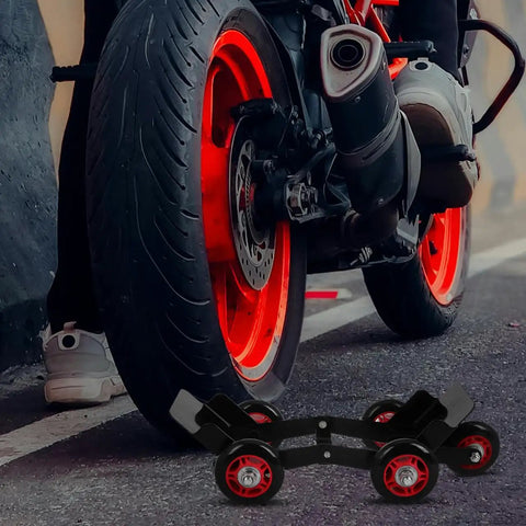 Amosfun Motorcycle Tire Dolly Tool With Five Smooth Wheels Heavy Duty Vehicle Mover for electric bikes under rear wheel on pavement.