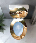 Elongated Toilet Seat Quiet Close Hinges Bathroom featuring a colorful golden retriever design on top.