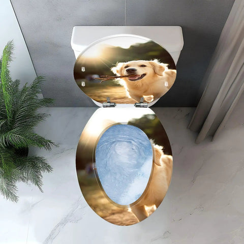Elongated Toilet Seat Quiet Close Hinges Bathroom featuring a colorful golden retriever design on top.