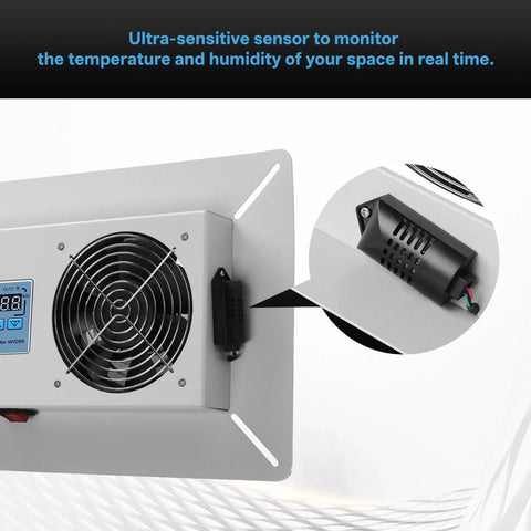 240 CFM Crawl Space Vent Fan With Thermostat And Humidistat For Serious Moisture Reduction Radon Mitigation Freeze Protection Built For Basements Attics And Crawl Spaces Air Out Easy Install With 3 Year Warranty, showing a side view highlighting ultra-sensitive sensor