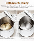Open view of Grab And Go Travel Ready Electric Kettle 0.8L, showing interior before and after vinegar cleaning method