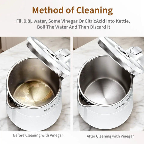 Open view of Grab And Go Travel Ready Electric Kettle 0.8L, showing interior before and after vinegar cleaning method