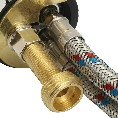 Heavy Duty Zinc Alloy Shampoo Bowl Faucet Set Featuring Dual Hot And Cold Water Mixer With Flexible Spray Hose Built Tough for connection detail.