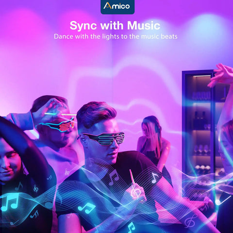 People wearing LED glasses dancing in a room with vibrant lights and music notes, illustrating sync with music feature.