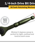 One Quarter Inch Drive Swivel Head Micro Ratcheting Bit Driver with Four Inch Length Ninety Tooth Reversible Ratchet in green