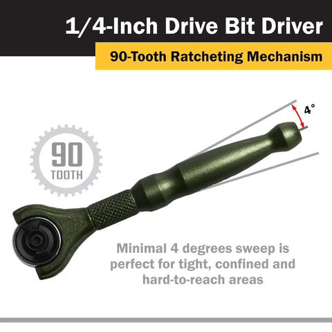 One Quarter Inch Drive Swivel Head Micro Ratcheting Bit Driver with Four Inch Length Ninety Tooth Reversible Ratchet in green