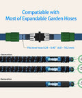 Expandable Garden Hose Repair Kit With Quick Fix Guide That Saves You Cash, dual connectors in green and black, compatibility sizes.
