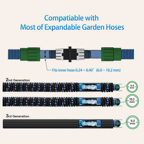 Expandable Garden Hose Repair Kit With Quick Fix Guide That Saves You Cash, dual connectors in green and black, compatibility sizes.