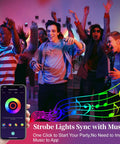 Outdoor RGB LED Flood Light 25W 250W Equiv 2500LM with app control syncing with music at a vibrant party scene