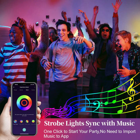 Outdoor RGB LED Flood Light 25W 250W Equiv 2500LM with app control syncing with music at a vibrant party scene