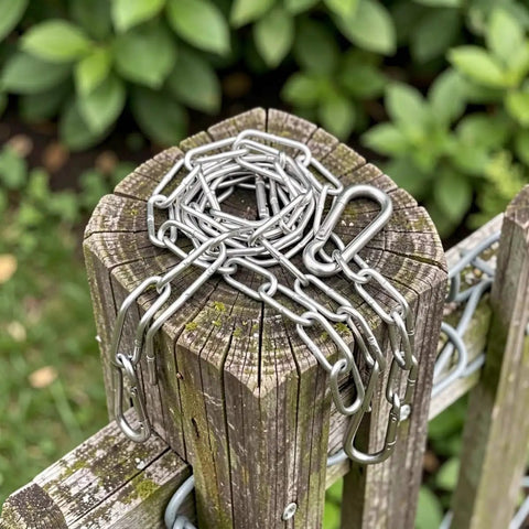 Chain Link Gate Latch with Double Carabiner Ends Stainless Steel coiled on a wooden post outdoors with greenery background.